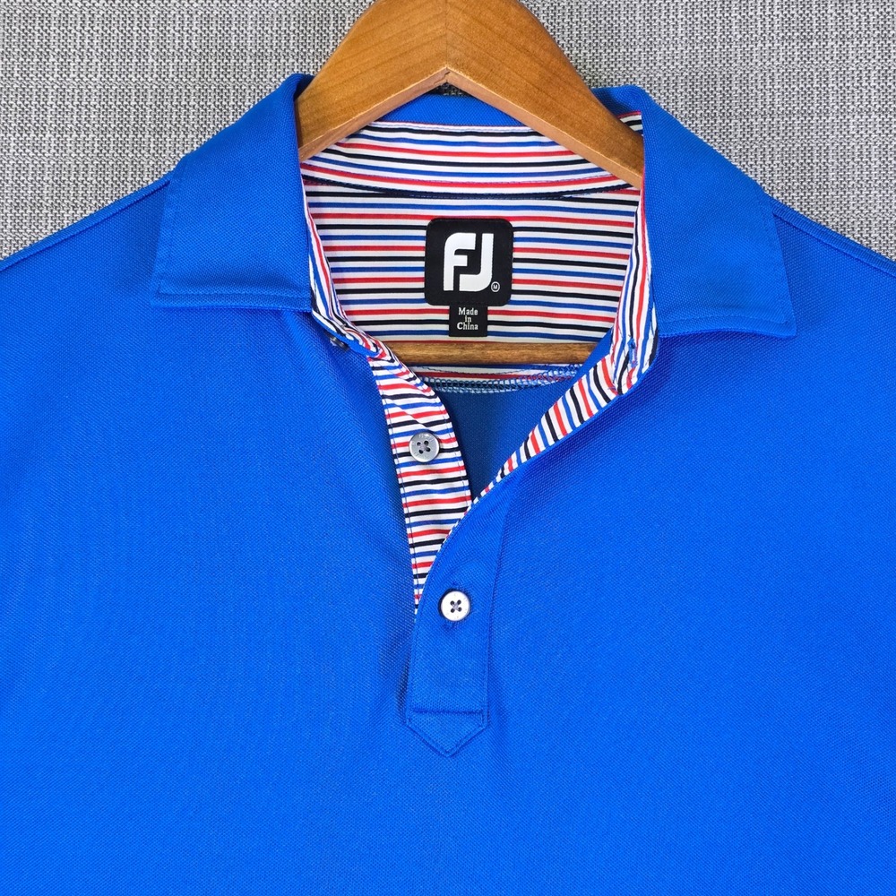 FootJoy Golf Polo Shirt Mens M Royal Blue Contrast Striped Placket Short Sleeve - Picture 5 of 12